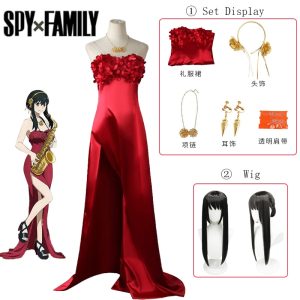 Vestido longo vermelho da Yor Forger, de Spy x Family, com peruca preta e acessórios dourados