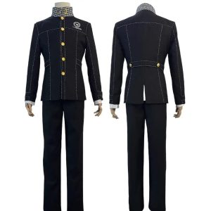 Uniforme preto do Yu Narukami de frente e de costas, com casaco e calça