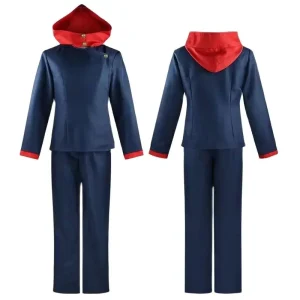 Fantasia do Yuji Itadori, Jujutsu Kaisen, com uniforme azul-marinho e capuz vermelho