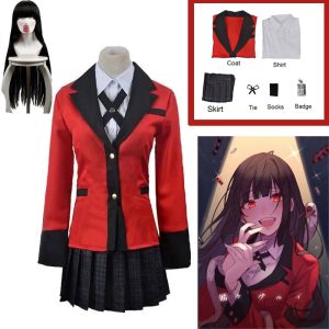 Traje da Yumeko Jabami, de Kakegurui: blazer vermelho, saia preta, camisa, gravata e peruca