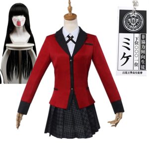 Yumeko Jabami, de Kakegurui: blazer vermelho, saia xadrez preta e peruca preta