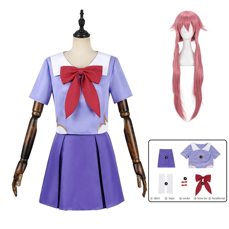 Uniforme da Yuno Gasai com blusa lilás de gola marinheiro, laço vermelho e saia roxa, Mirai Nikki