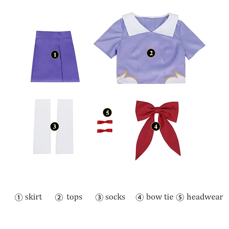 Saia, blusa, meias, laço vermelho e enfeites de cabelo do cosplay da Yuno, Mirai Nikki