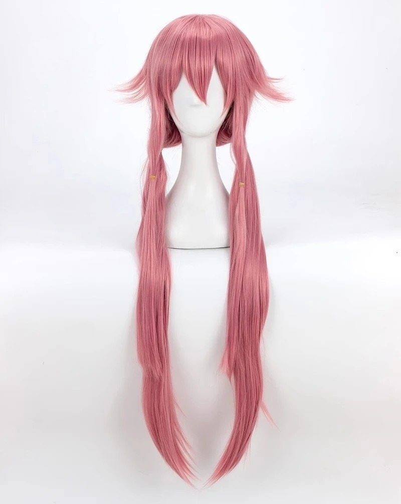 Peruca rosa longa da Yuno Gasai, de frente, em um manequim, Mirai Nikki