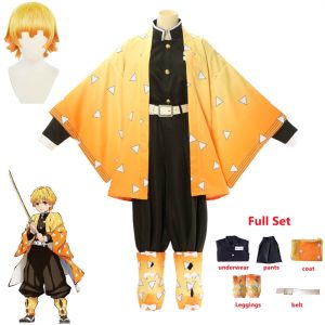 Zenitsu Agatsuma, de Demon Slayer: haori amarelo de triângulos, uniforme preto e peruca