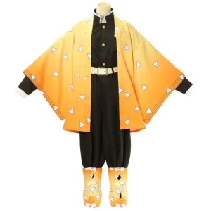 Fantasia do Zenitsu, Demon Slayer, com uniforme preto e haori amarelo de triângulos