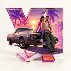 Display de acrílico com o logo VI e os protagonistas de GTA VI ao lado de um carro