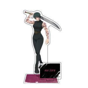 Maki Zen'in, de Jujutsu Kaisen, em display de acrílico, em pé e segurando uma espada grande, sobre base rosa
