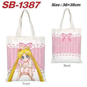 Sacola de lona com a Usagi, de Sailor Moon, e laço rosa estampado nas costas, 38 x 35 cm