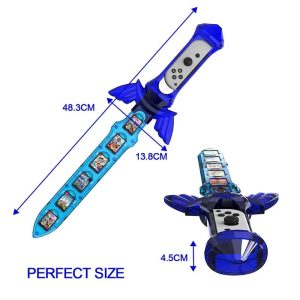 Espada azul translúcida da Skyward Sword para Joy-Con, com medidas e cartuchos, Zelda