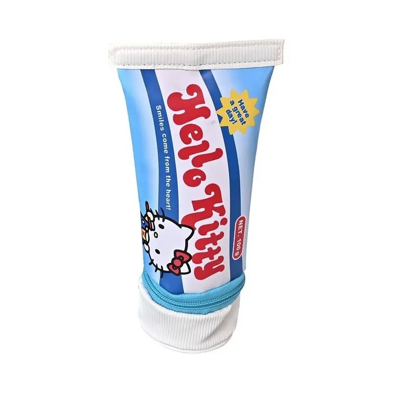 Estojo azul de tubo de pasta de dente com a Hello Kitty estampada, sobre fundo branco