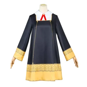 Vestido preto da Anya Forger, de Spy x Family, com barra dourada e gola branca com laço vermelho