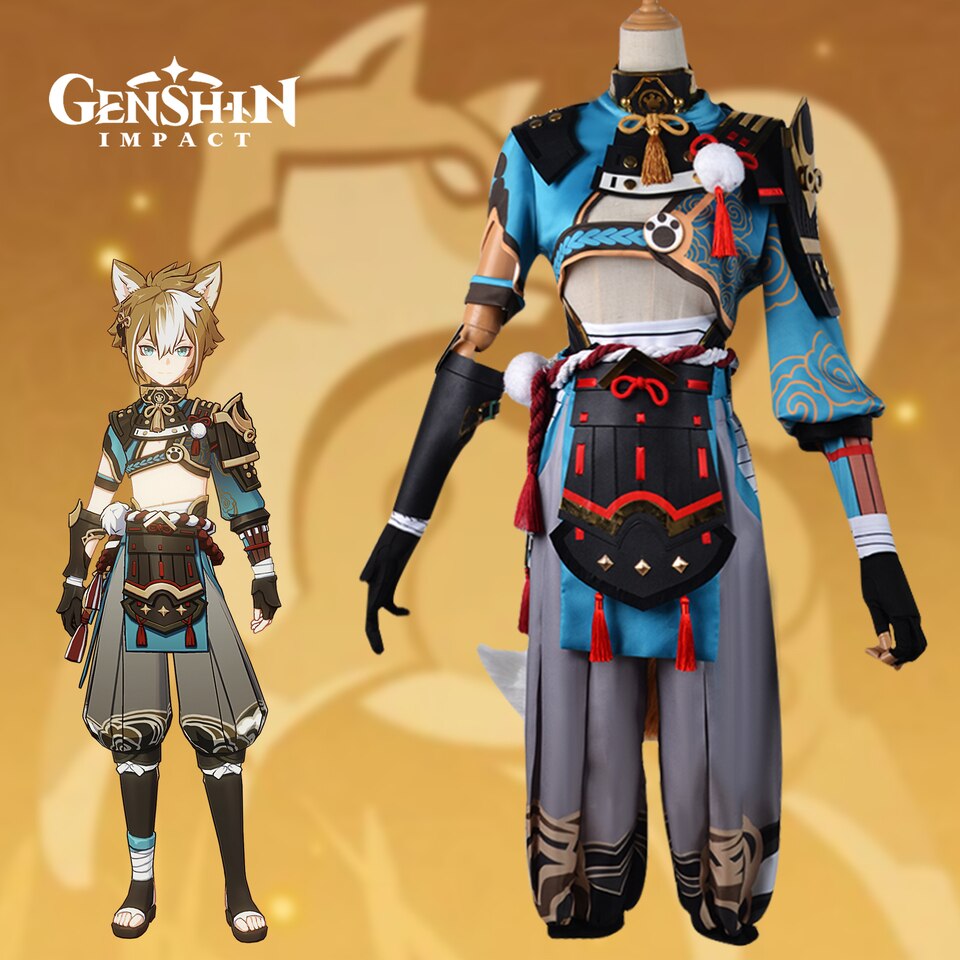 Traje do Gorou, de Genshin Impact, em azul, preto e bege, ao lado da arte do personagem