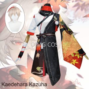 Traje do Kaedehara Kazuha, de Genshin Impact, com peruca branca e estampa de folhas vermelhas
