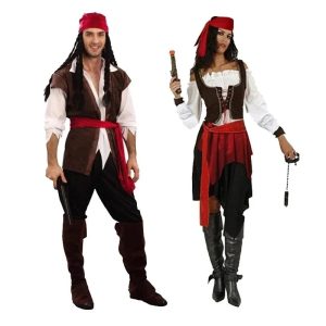 Versões masculina e feminina da fantasia de pirata Jack Sparrow, com lenço vermelho e colete