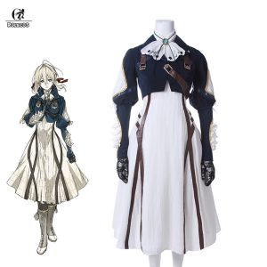 Vestido branco da Violet Evergarden com top azul-escuro, laço e luvas, ao lado da arte da personagem
