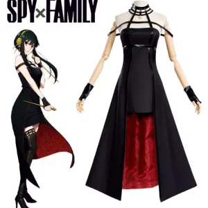 Fantasia da Yor Forger, de Spy x Family, com vestido preto, forro vermelho, gola alta e luvas
