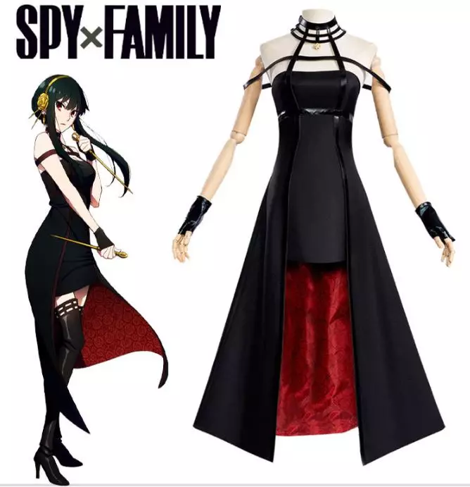 Fantasia da Yor Forger, de Spy x Family, com vestido preto, forro vermelho, gola alta e luvas