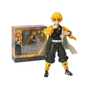Zenitsu em Figma articulada, Demon Slayer, vestindo haori amarelo, junto da embalagem