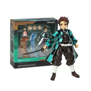 Figma articulado do Tanjiro Kamado, de Demon Slayer, com haori xadrez verde e espada