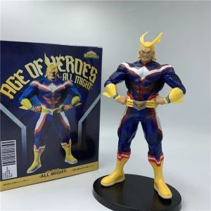 Figure do All Might, de My Hero Academia, em pé com as mãos na cintura, ao lado da caixa