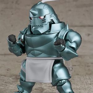 Alphonse Elric em pose de luta, figure com armadura azul esverdeada e avental cinza
