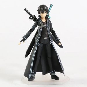 Figure articulada do Kirito, de Sword Art Online, de casaco preto e espadas nas costas, sobre base