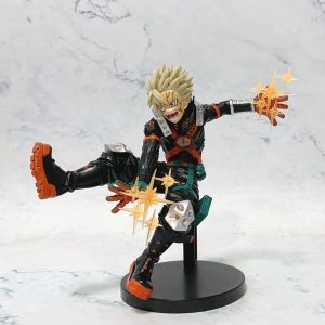 Figure do Bakugo, de My Hero Academia, em pose de chute com explosões, sobre fundo de mármore