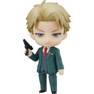 Loid Forger, de Spy x Family, em figure chibi de terno verde, gravata vermelha e pistola