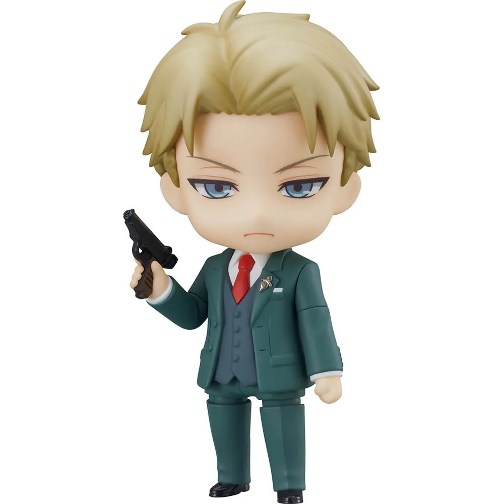 Loid Forger, de Spy x Family, em figure chibi de terno verde, gravata vermelha e pistola