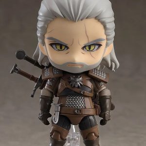 Figure chibi do Geralt de Rívia, de The Witcher, de frente, com as espadas nas costas
