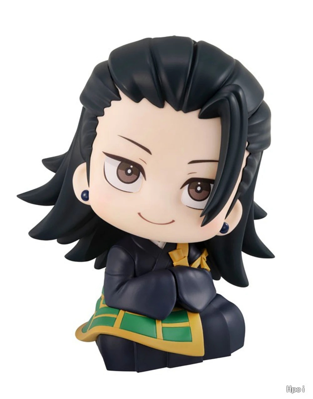 Figure do Geto, de Jujutsu Kaisen, em três quartos, com cabelo longo e roupa escura de detalhes verdes
