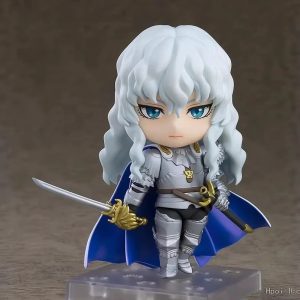 Figure chibi do Griffith, de Berserk, com armadura prata, capa azul e espada, sobre base transparente