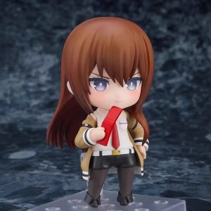 Figure chibi da Kurisu Makise, de Steins;Gate, de jaleco bege e gravata vermelha, com o celular na mão