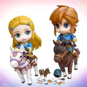 Link e Princesa Zelda chibi montados em cavalos com acessórios, Zelda Breath of the Wild