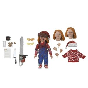 Chucky articulado de Natal com serra elétrica, faca, caneca, cabeças e mãos extras ao redor