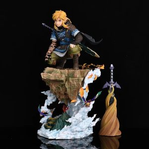 Estátua do Link de Tears of the Kingdom ajoelhado numa base de rocha, com a Master Sword ao lado