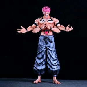 Figure do Ryomen Sukuna, de Jujutsu Kaisen, de frente, com quatro braços, cabelo rosa e calça listrada