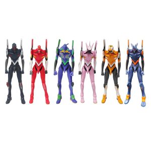 Seis figures dos Evas de Neon Genesis Evangelion lado a lado: preto, vermelho, roxo, rosa, laranja e azul