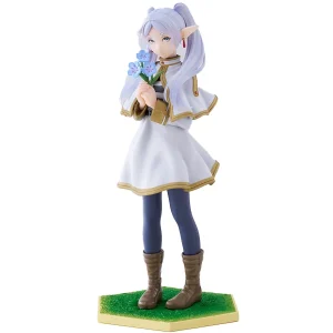 Figure da Frieren, de Frieren e a Jornada para o Além, com flor azul e roupa branca