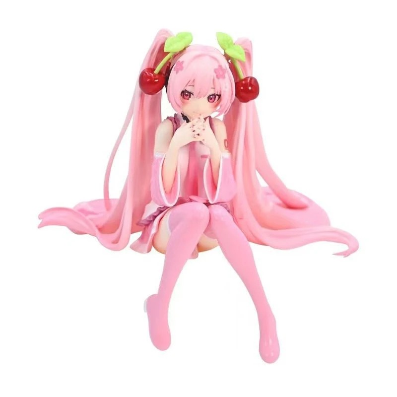 Figure da Miku Sakura, de Vocaloid, de lado em fundo branco, com meias e cabelo rosa