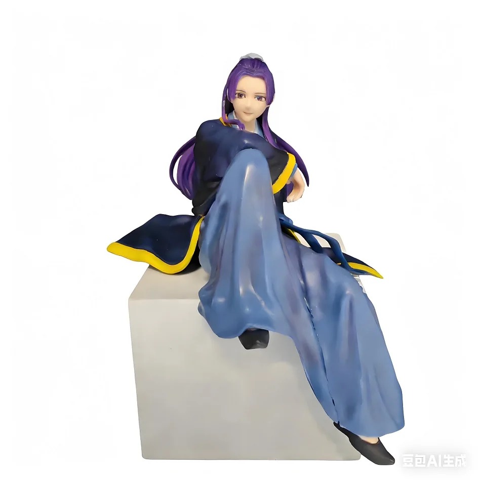 Figure do Jinshi, de Diários de uma Apotecária, sentado num bloco branco, de túnica azul e cabelo roxo