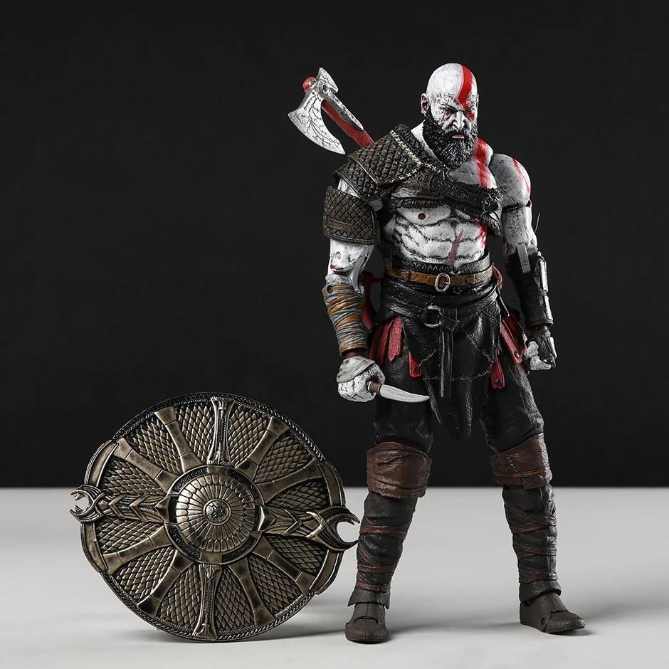 Kratos de God of War com machado nas costas e escudo de metal ao lado