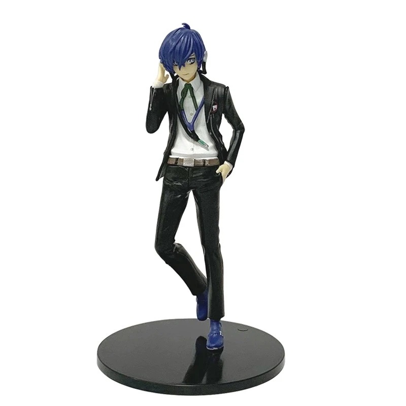 Makoto Yuki, de Persona 3, em figure de cabelo azul e uniforme preto, com a mão na cabeça, sobre base redonda