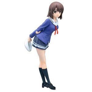 Figure da Megumi Kato, de Saekano, com uniforme escolar azul e chapéu branco na mão