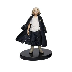Figure do Mikey, de Tokyo Revengers, em pé, com casaco preto aberto e camiseta branca sobre base redonda