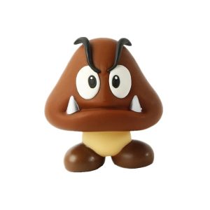 Goomba, de Super Mario, em figure de cogumelo marrom com sobrancelhas franzidas e presas
