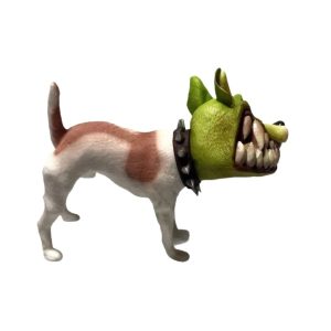 Milo de O Máscara, figure de lado com máscara verde, dentes à mostra e coleira de espinhos, fundo branco