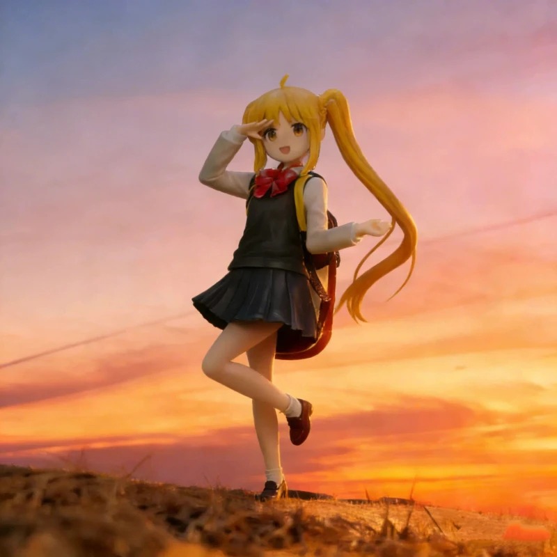 Figure da Nijika Ijichi em pose de saudação, de maria-chiquinhas loiras, com pôr do sol ao fundo