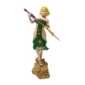 Princesa Zelda, de The Legend of Zelda, em figure de vestido verde com espada sobre base de pedra